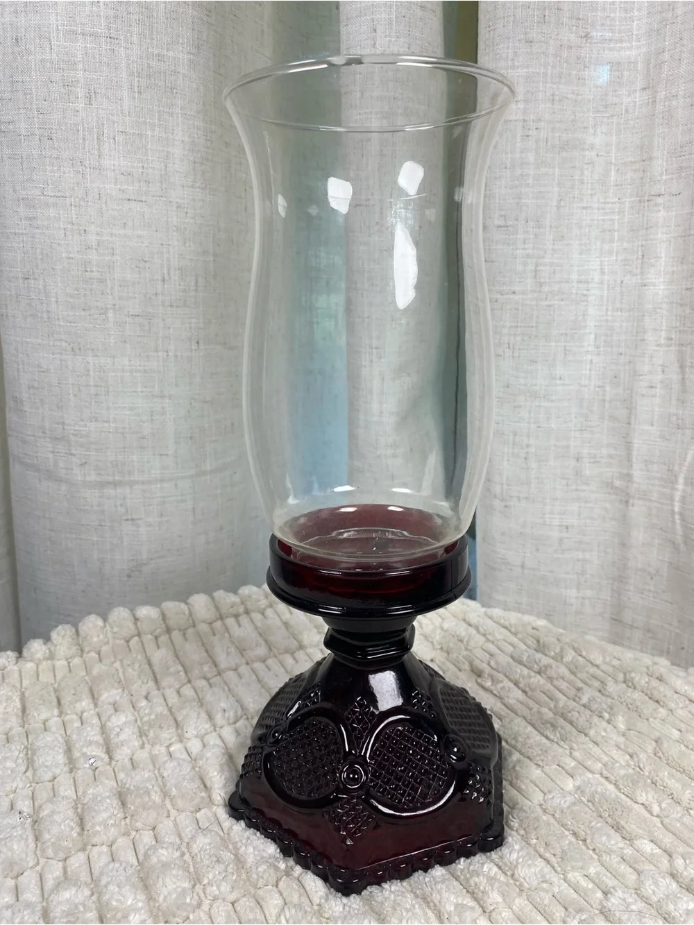 Vintage Avon 1876 Cape Cod Ruby Red Glass Hurricane Lamp & Clear Globe Chimney